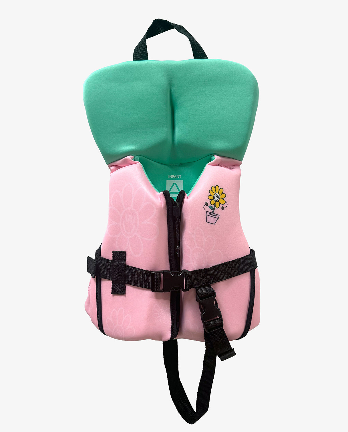 Pink and green life jacket with a floral design on a white background