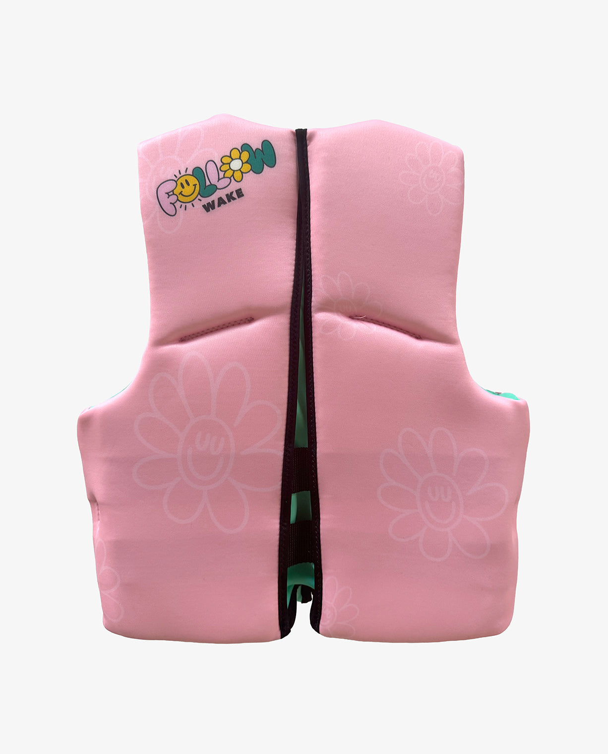 Pink children's life jacket with floral designs on a white background