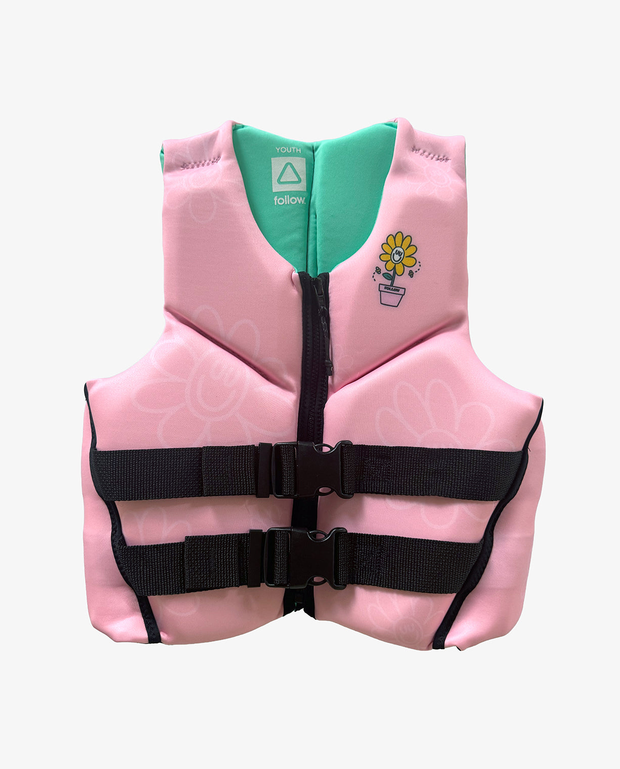 Pink life jacket with green back panel and flower design on a white background