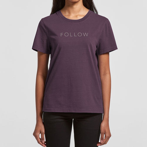 Follow Palm Womens Tee - Plum — women's wakeboard tee, front view