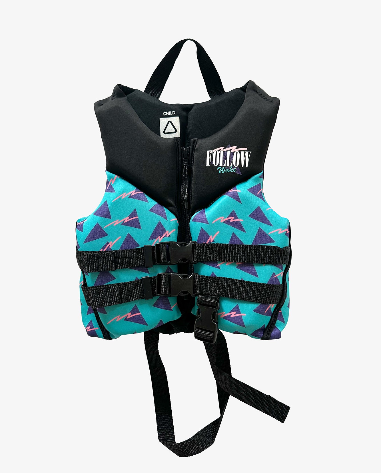 Child's life jacket with teal and purple pattern on a white background