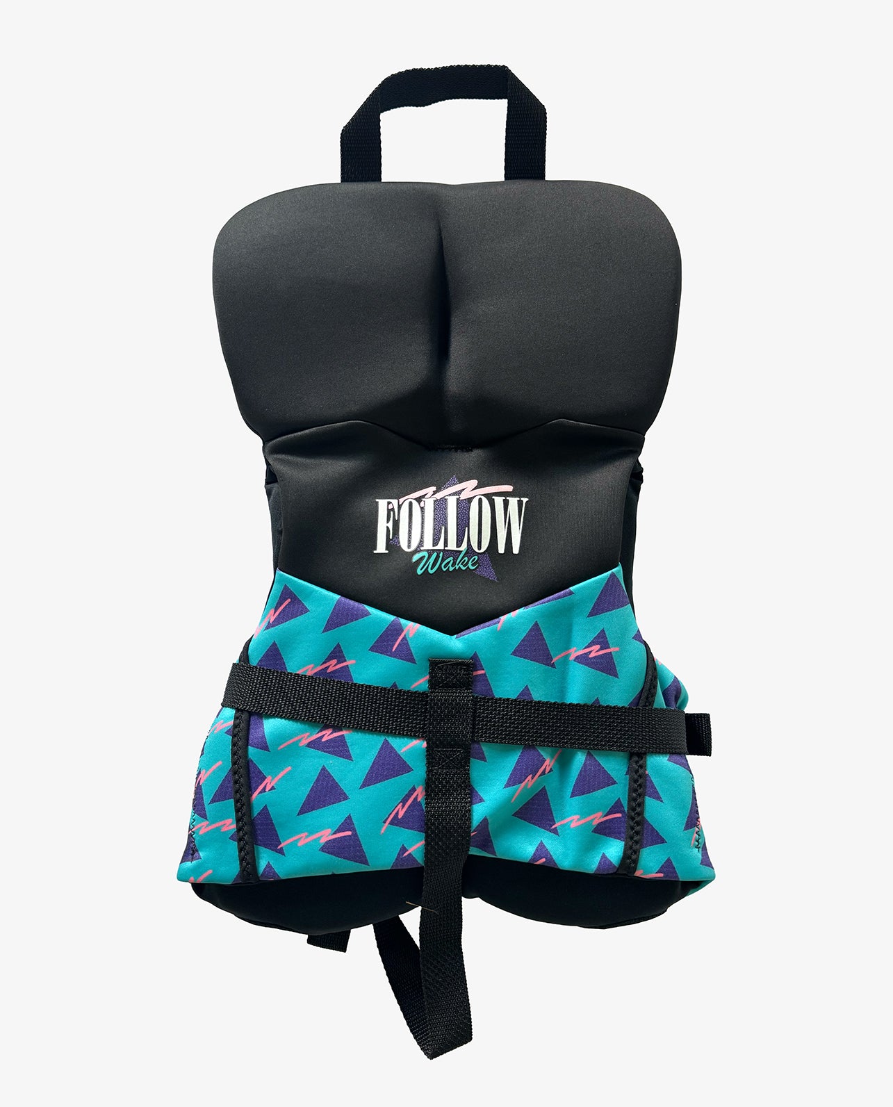 Life jacket with teal and purple pattern on a white background