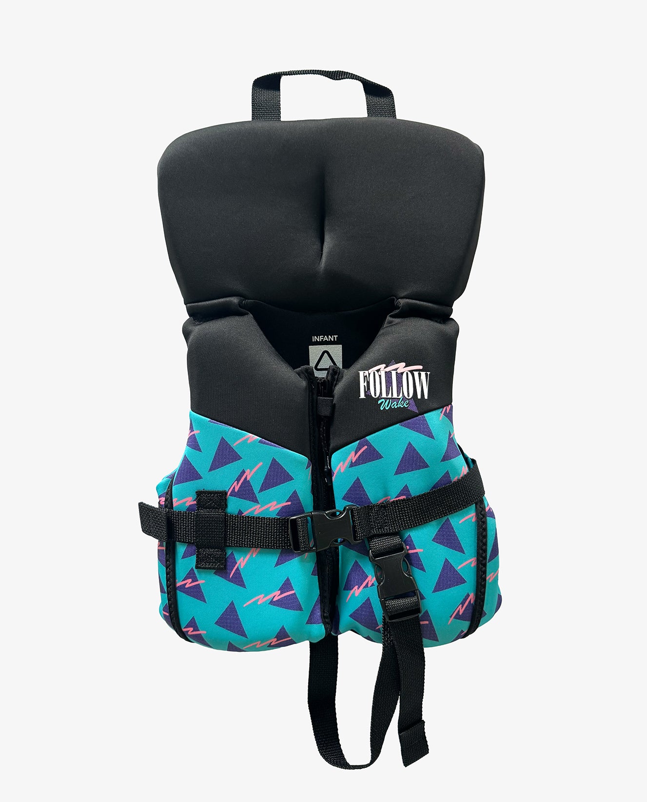 Black and teal life jacket with geometric pattern on a white background