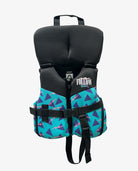 Black and teal life jacket with geometric pattern on a white background
