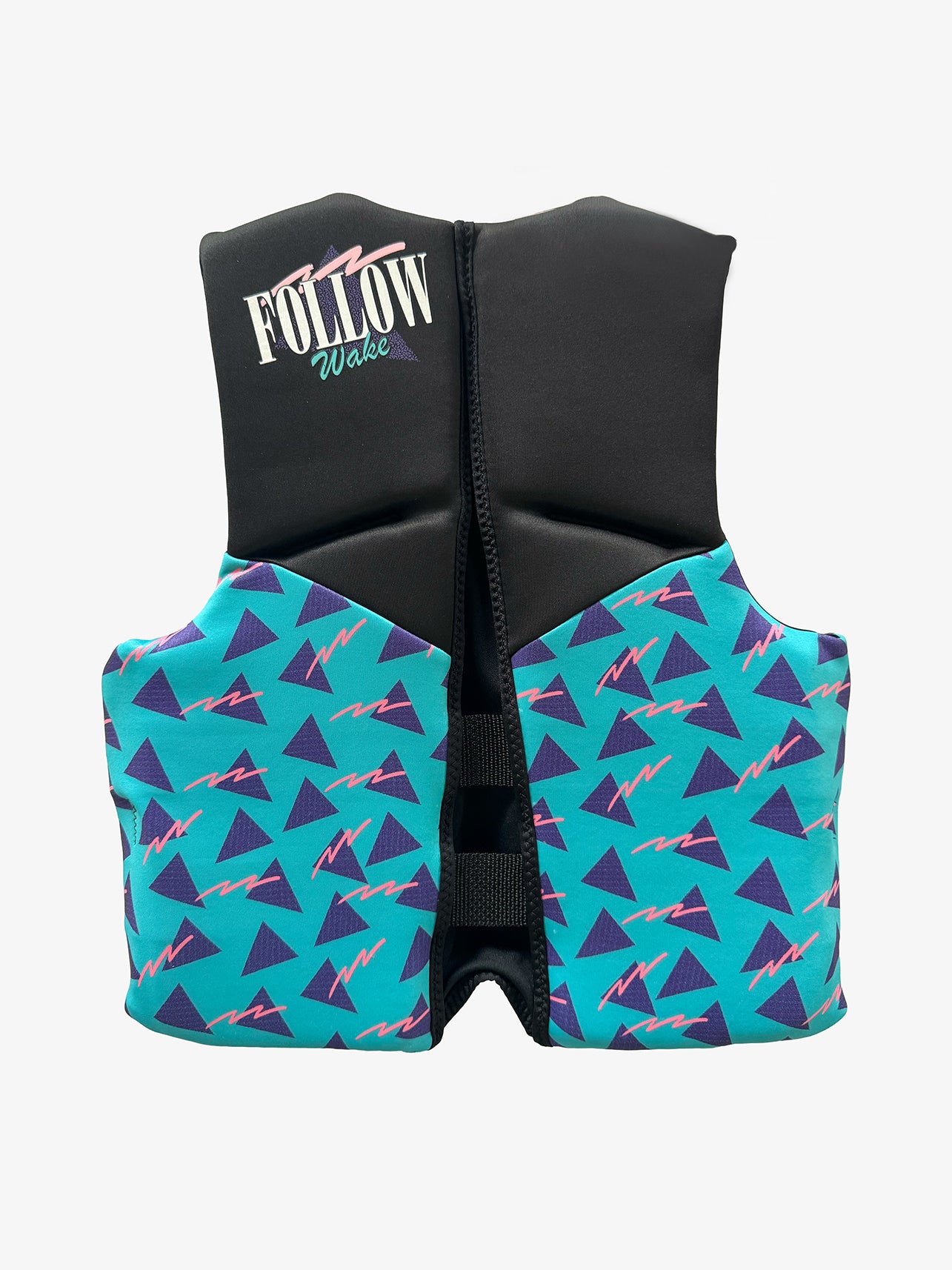 Black and teal life vest with geometric pattern on a white background
