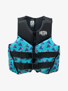 Life vest with black top and colorful pattern on a white background