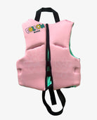 Pink life jacket with black straps on a white background