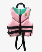 Pink life jacket with green top section on a white background