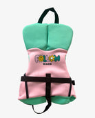 Pink and green life jacket with cartoon design on a white background